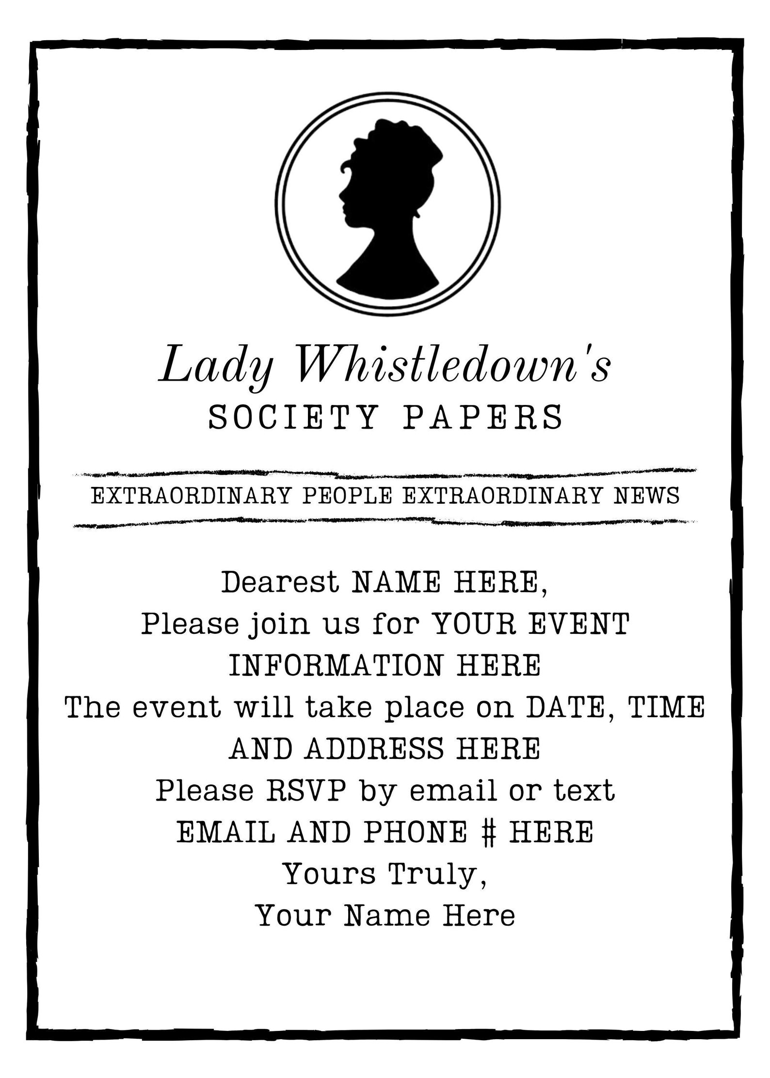 Bridgerton Invite, Lady Whistledown, Printable Invite, Digital Download Bridgerton Invite, Lady Whistledown, Printable Invite, Digital Download