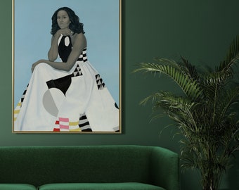 May include: A framed portrait of a woman wearing a black and white patterned dress. The woman is sitting with her arms crossed and looking at the viewer. The background is a light blue color.