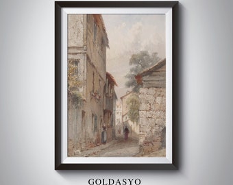 Vintage Street Print | Vintage Print | Neutral Architecture Cityscape Watercolor | Neutral Cityscape Painting | European Village Art Print