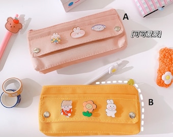 kawaii Pencil Case Stationery Storage Bags Canvas Pencil Bag with cute pins Cute - School Supplies for Girl Kids Gift w/ Badge