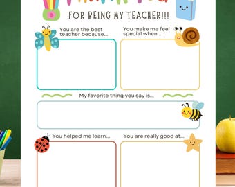 Teacher Appreciation Gift, Gift for Teacher, Teacher Thank You Page Letter, All About My Teacher Gift, Thank You Teacher Appreciation Letter