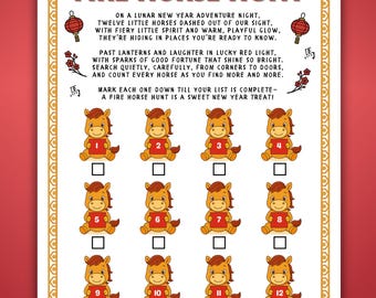 Lunar New Year Scavenger Hunt, Chinese New Year Scavenger Hunt, Year of the Horse, Activity for Kids Family Classroom