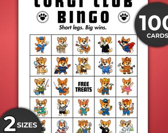 Corgi Bingo Game, 100 Cards, Puppy Party Activity for Kids, Classroom, Dog Lovers, Moms and Dads