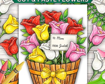 Flower Bouquet Mother's Day Craft, Cut and Paste Coloring Craft. Coloring Craft for Kids