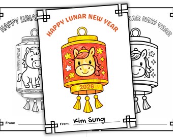 Lunar Chinese New Year Coloring Cards with Fire Horse on Lantern for Classroom, Family, Party Activity