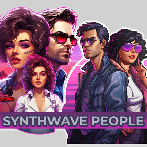 15 PACK - Synthwave 80's People Clipart - 30 High-Quality PNG files (2 folders of 15 files)