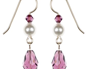 Boucles d'oreilles pendantes violettes, édition limitée, fabriquées à la main avec du métal rempli d'or 14 carats et des cristaux Swarovski