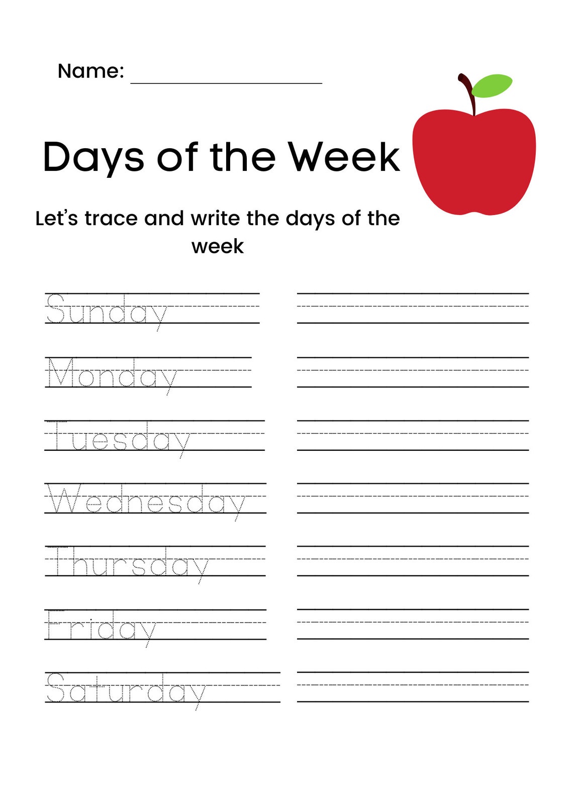 Printable Days of the Week Tracing | Etsy