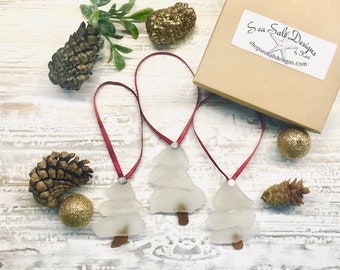 Sea Glass White Christmas Tree Ornaments, set of 3