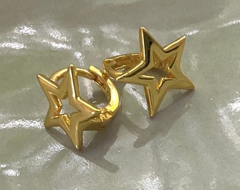 Golden, small star creoles, earrings, stainless steel, 24k gold-plated, classically minimalist