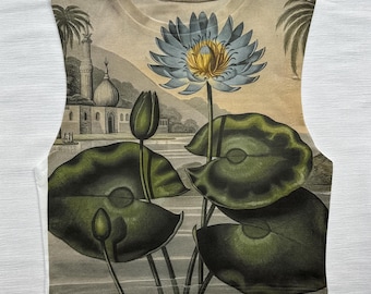 Blue Lotus Botanical Printed Super Crop - Handmade DTG Crop Top for Women – Vibrant Printed Top – Soft Cotton Stretch – Eco-Friendly Gift