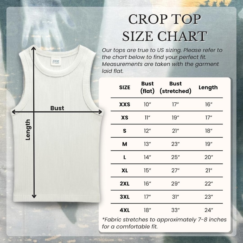May include: Size chart for a crop top in white. The chart shows bust measurements in inches, both flat and stretched, and length in inches. Sizes range from XXS to 4XL.