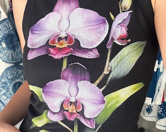 Purple Orchid Black Crop Top: Handmade DTG Printed Cotton Blend