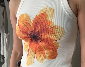 Orange Flower Digital Printed Crop Top - Handmade DTG Crop Top for Women – Vibrant Printed Top – Soft Cotton Stretch – Eco-Friendly Gift