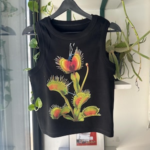 ハエトリグサプリントクロップトップ：ハンドメイドDTGプリントコットンブレンド