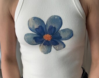 Blue Flower Print Crop Top: Handmade Cotton Blend DTG Top