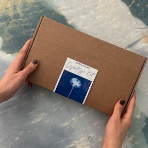 May include: A brown cardboard box with a label that reads "Cyanotype Kit" and "zooartstudio." The label features a blue background with a white flower illustration. The box is held by hands with dark nail polish.