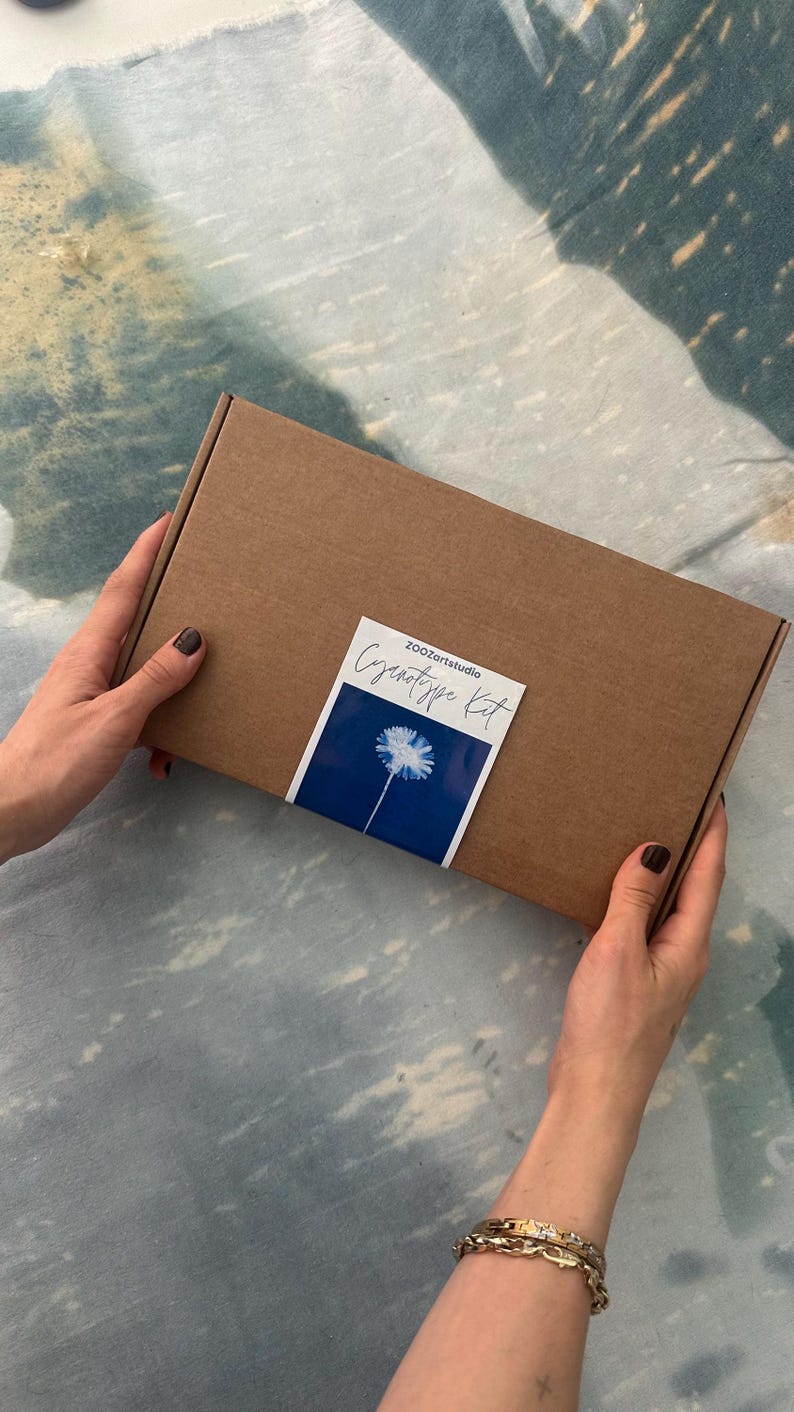 May include: A brown cardboard box with a label that reads "Cyanotype Kit" and "zooartstudio." The label features a blue background with a white flower illustration. The box is held by hands with dark nail polish.