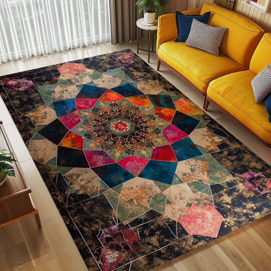 Rug With Diamond Mandala Pattern, Mandala Rug, Rugs for Bedroom, Living ...