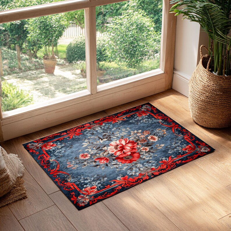 Alfombra vintage con estampado floral rojo, lavable y antideslizante, con fondo azul, ideal para sala de estar y dormitorio. imagen 5