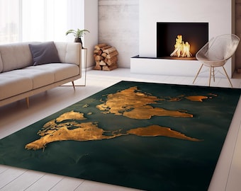 May include: A dark green rug with a gold world map design. The rug is in a living room setting with a couch, fireplace, and a chair.
