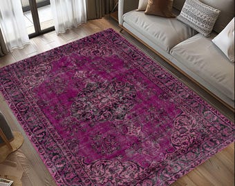 Elegant Purple Turkish Rug, Washable Velvet Area Rug