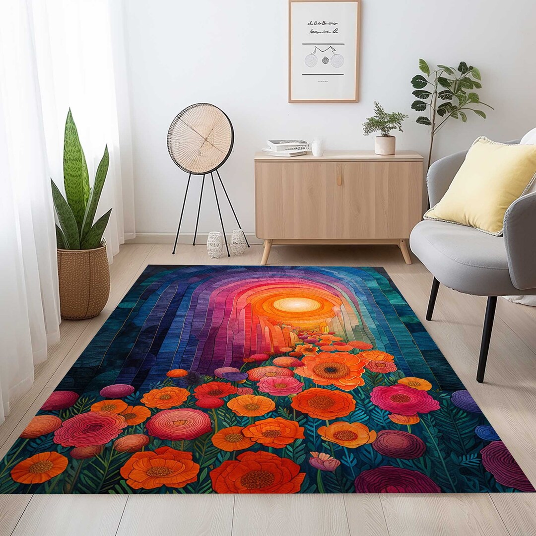 Wildflower Sunset Rug, Floral Print Polyester Velvet, Non-slip - Etsy