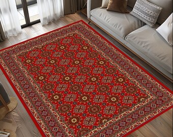 Antique Caucasian Rug, Red Bohemian Rug, Modern Comfort Area Rug, Vintage Afghan Bukhara Rug, 5x8 8x10 9x12 Turkish Rug, Rug For Living Room