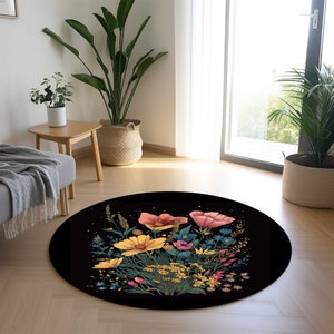 Dywan z kwiatowymi kwiatami polnymi, czarne tło, wystrój wnętrz w stylu boho