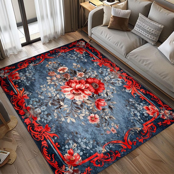 Red Floral Vintage Inspired Rug, Washable Non Slip Area Rug, Blue Background Statement Printed Rug, Romantic Living Room Bedroom Rug