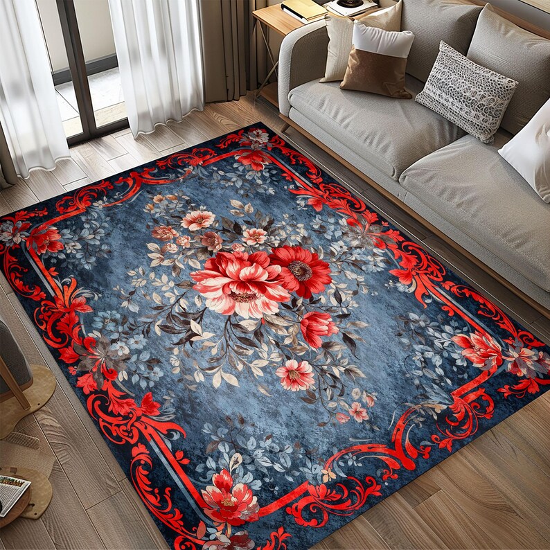 Alfombra vintage con estampado floral rojo, lavable y antideslizante, con fondo azul, ideal para sala de estar y dormitorio. imagen 1