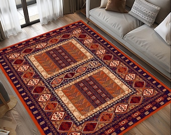 Antique Caucasian Rug, Red Bohemian Rug, Modern Comfort Area Rug, Vintage Afghan Bukhara Rug, 5x8 8x10 9x12 Turkish Rug, Rug For Living Room