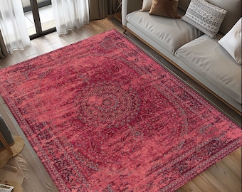 Burgundy Turkish Rug, Oriental Pattern, Washable Floor Covering