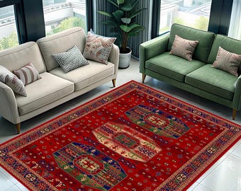 Antique Caucasian Rug, Red Oriental Rug, Modern Comfort Area Rug, Vintage Afghan Bukhara Rug, 5x8 8x10 9x12 Turkish Rug, Rug For Living Room