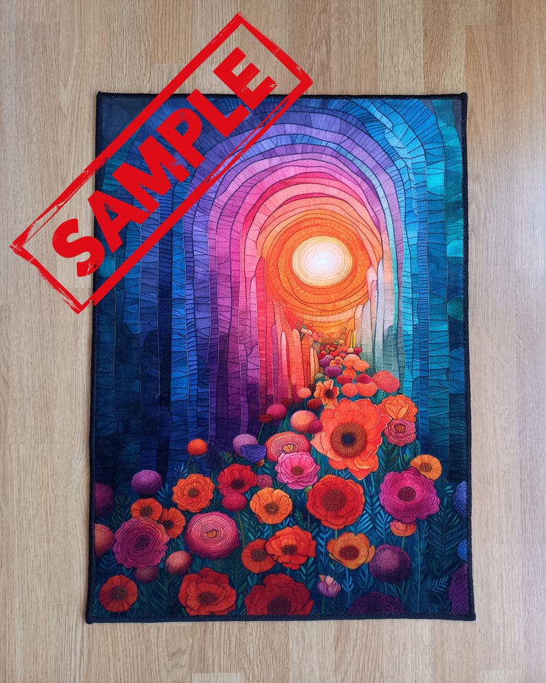 Puede incluir: Una alfombra colorida con un dise&ntilde;o de un camino que lleva a un sol brillante a trav&eacute;s de un t&uacute;nel de arcos. El camino est&aacute; bordeado de flores rojas, rosas y naranjas.