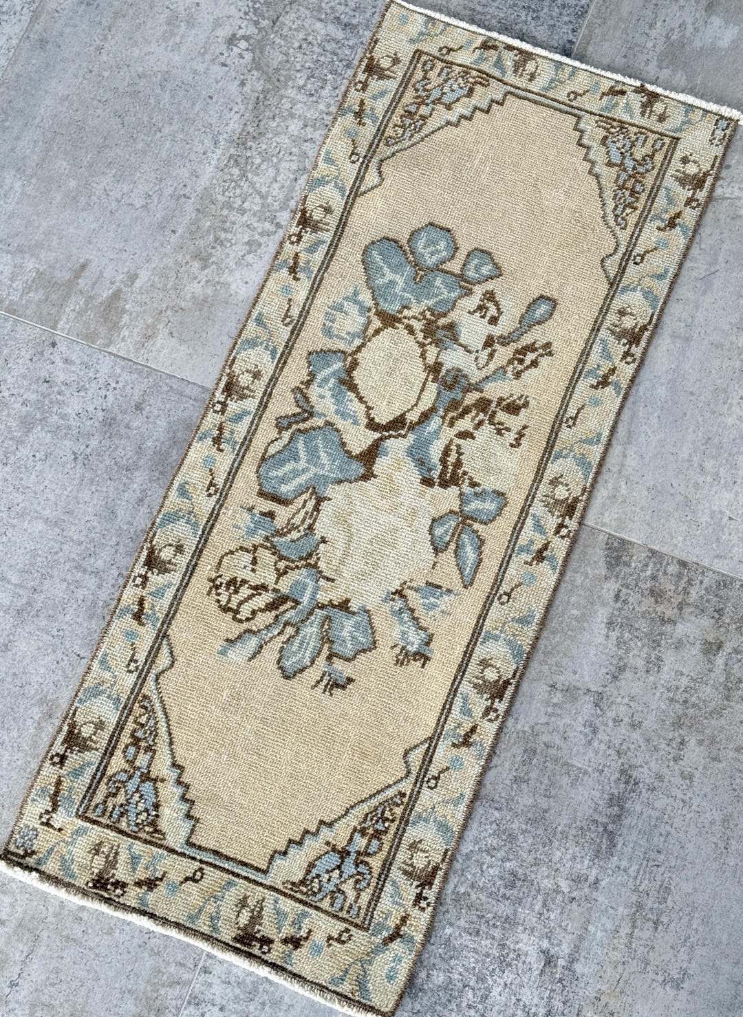 Vintage Turkish Blue Floral Runner Rug 1.4x3.4 Ft, Handwoven Wool ...