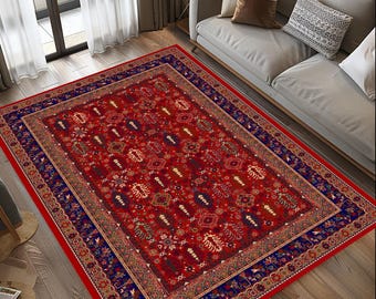 Red Afghan Bukhara Rug, Vintage Floral Style, Modern Comfort