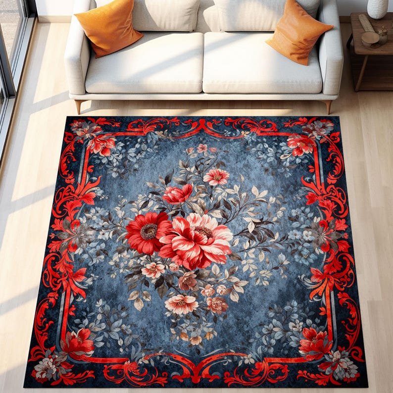 Alfombra vintage con estampado floral rojo, lavable y antideslizante, con fondo azul, ideal para sala de estar y dormitorio. imagen 4