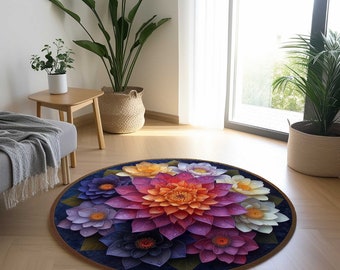 Lotus Flower Round Rug, Floral Print Polyester Carpet, Bedroom Decor