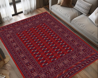 Antique Caucasian Rug, Red Bohemian Rug, Modern Comfort Area Rug, Vintage Afghan Bukhara Rug, 5x8 8x10 9x12 Turkish Rug, Rug For Living Room