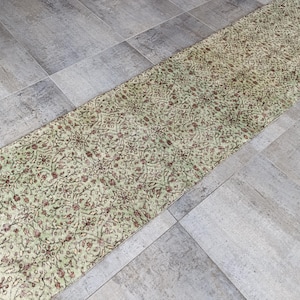 Vintage Turkish Runner Rug 2.6x10 ft, Floral All Over Pattern Runner, Handwoven Wool Hallway Rug, Muted Green Beige Long Corridor Rug