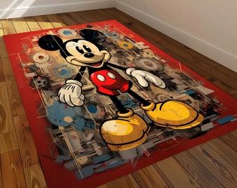 May include: Red, yellow, and blue abstract design rug featuring Mickey Mouse in a red and black outfit. Mickey Mouse is standing with his arms outstretched and his feet pointing in opposite directions.