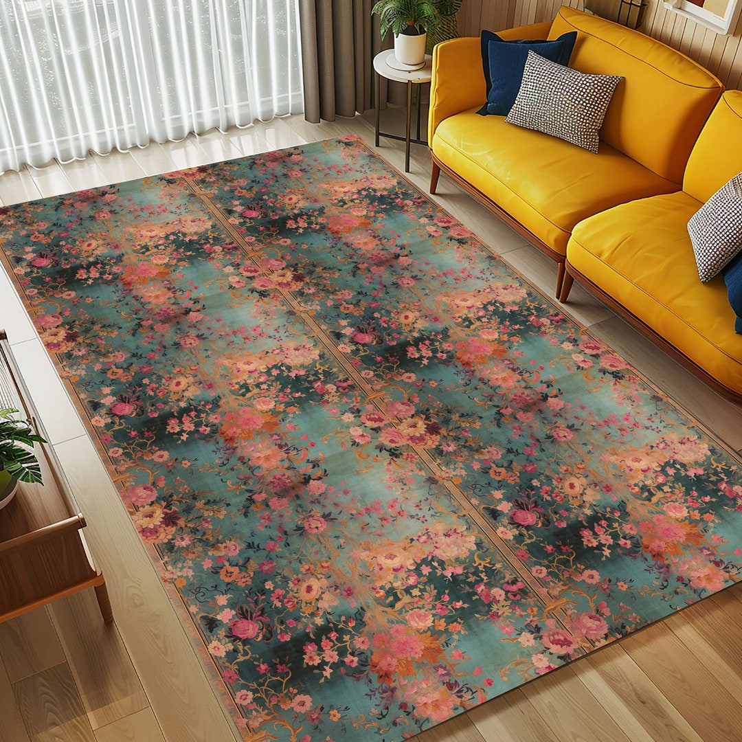 Chinese Art Decor Rug With Floral Pattern, Rugs for Bedroom Aesthetic ...