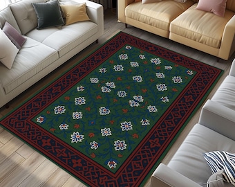 Green Floral Turkish Rug with Decorative Border – Vintage Style Oriental Carpet for Home Decor