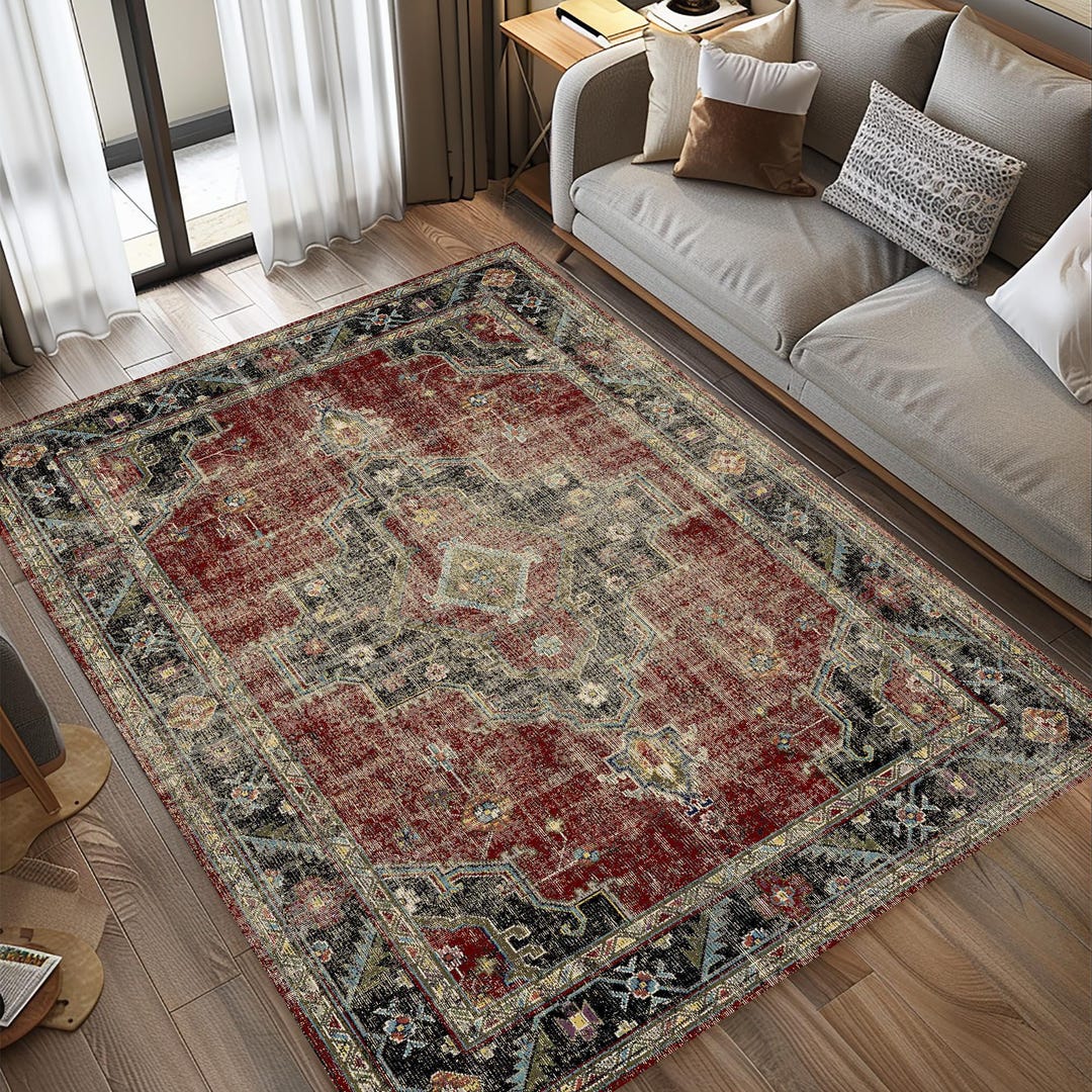 Red Turkish Style Rug Boho Turkish Style Rug, Red Ethnic Oriental, Washable Farmhouse Area ...