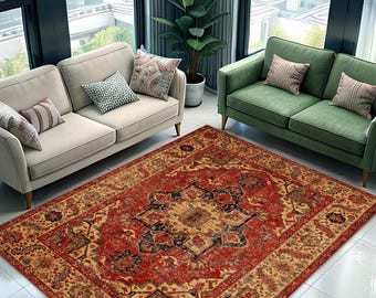 Vintage Style Terracotta Turkish Rug, Boho Farmhouse Carpet