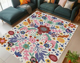 Floral Animal Print Rug, Colorful Home Decor Area Rug