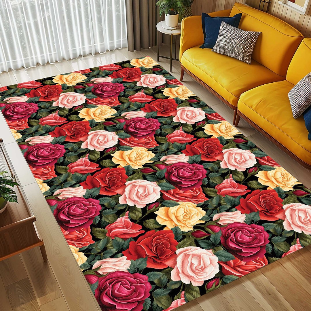 Floral Roses Rug, Colorful Print, Polyester Velvet Texture - Etsy