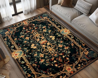 Alfombra turca floral verde con borde decorativo: diseño oriental vintage para la decoración del hogar.