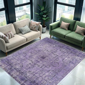 Vintage Design Purple Rug, Boho Turkish Rug 6x9, Rugs for Bedroom Aesthetic, Runner Rugs, Washable Oushak Rugs, Oriental Area Rug, Gift Rug